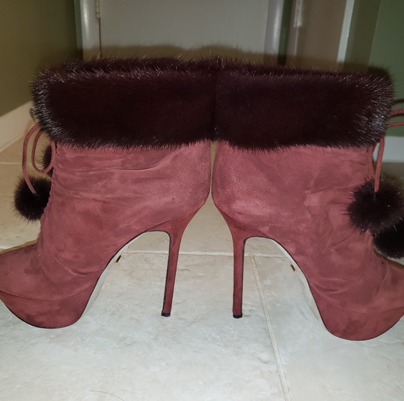 Sergio Rossi Mink Trimmed Suede Platform Booties - Picture 3 of 6